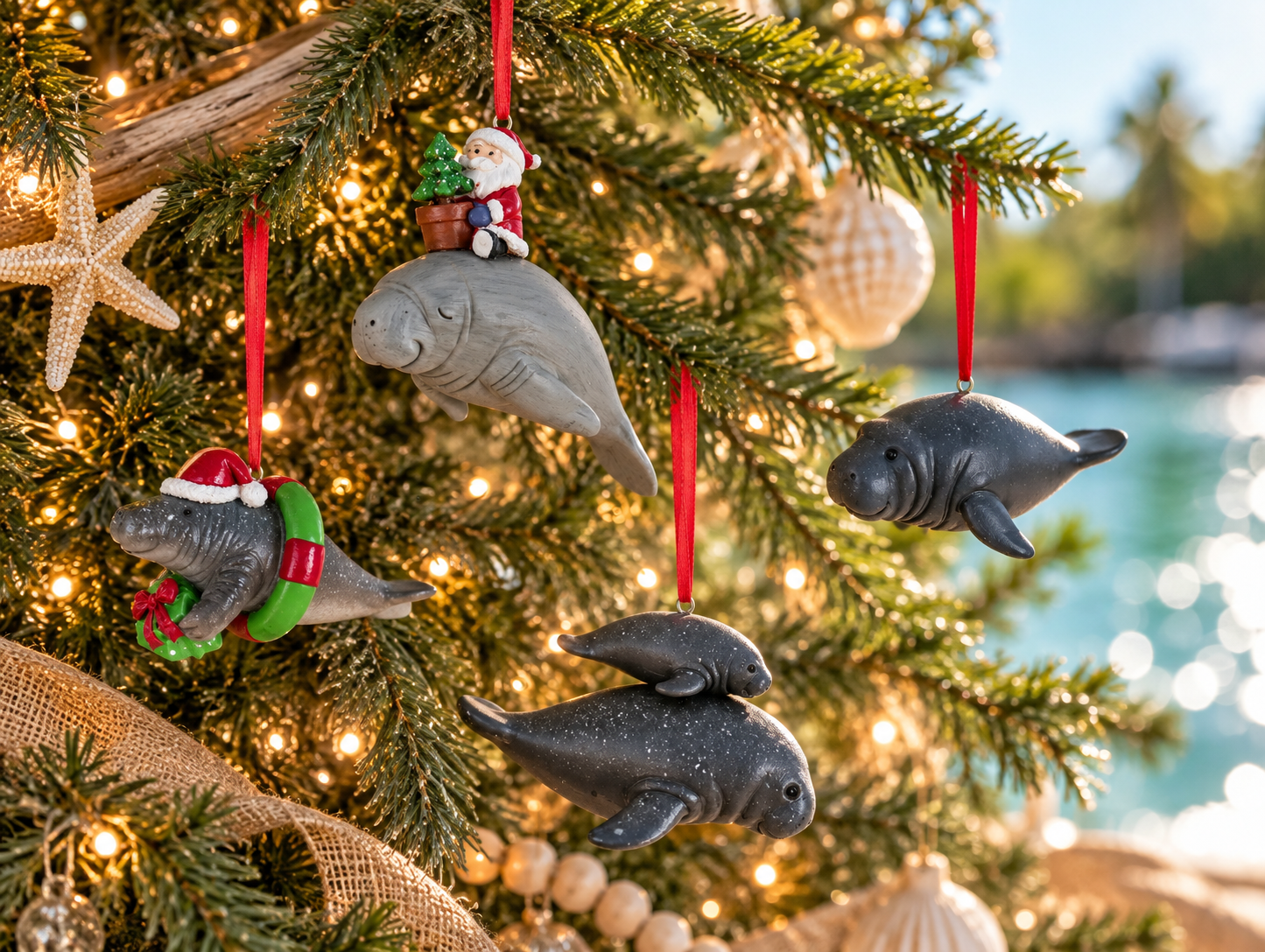 WILDSPIRED Santa & Manatee Christmas Ornament hanging on driftwood with Crystal River in background